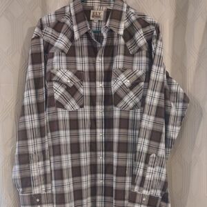 Ely Cattleman Men's Brown and White Plaid Pearl Snap Shirt XL